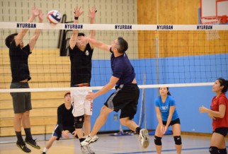 Intense coed volleyball action